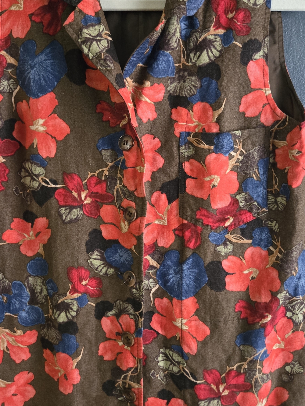 Harve Benard Brown Floral Sleeveless Vintage Button Up Pocket Waistcoat Vest 10 - Picture 5 of 7
